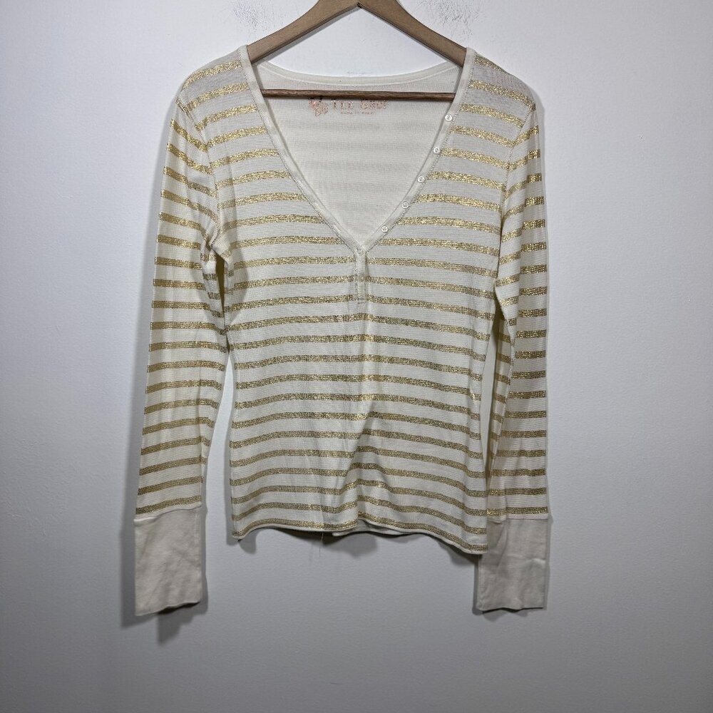 Victoria's Secret V Tee Shop Y2K Henley Top Women's Large Gold Striped Preppy